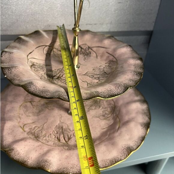 VTG California Pottery #719 Pink Leaf Dish Gold Trim + MCM Pink Gold 2 Tier Tray - Picture 12 of 16